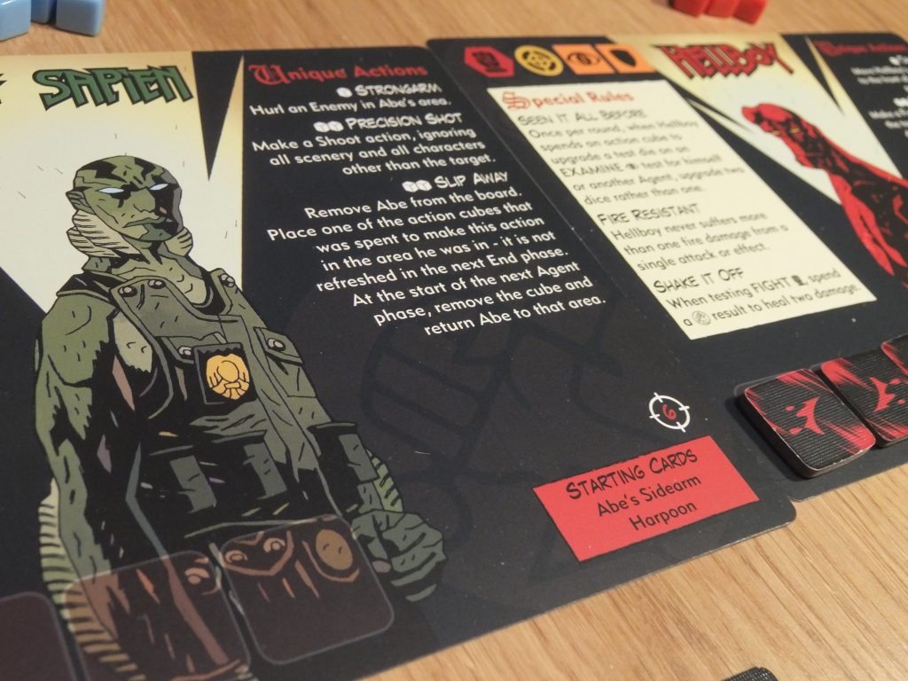 Detalle de las fichas individuales de personajes de Hellboy: the board game.